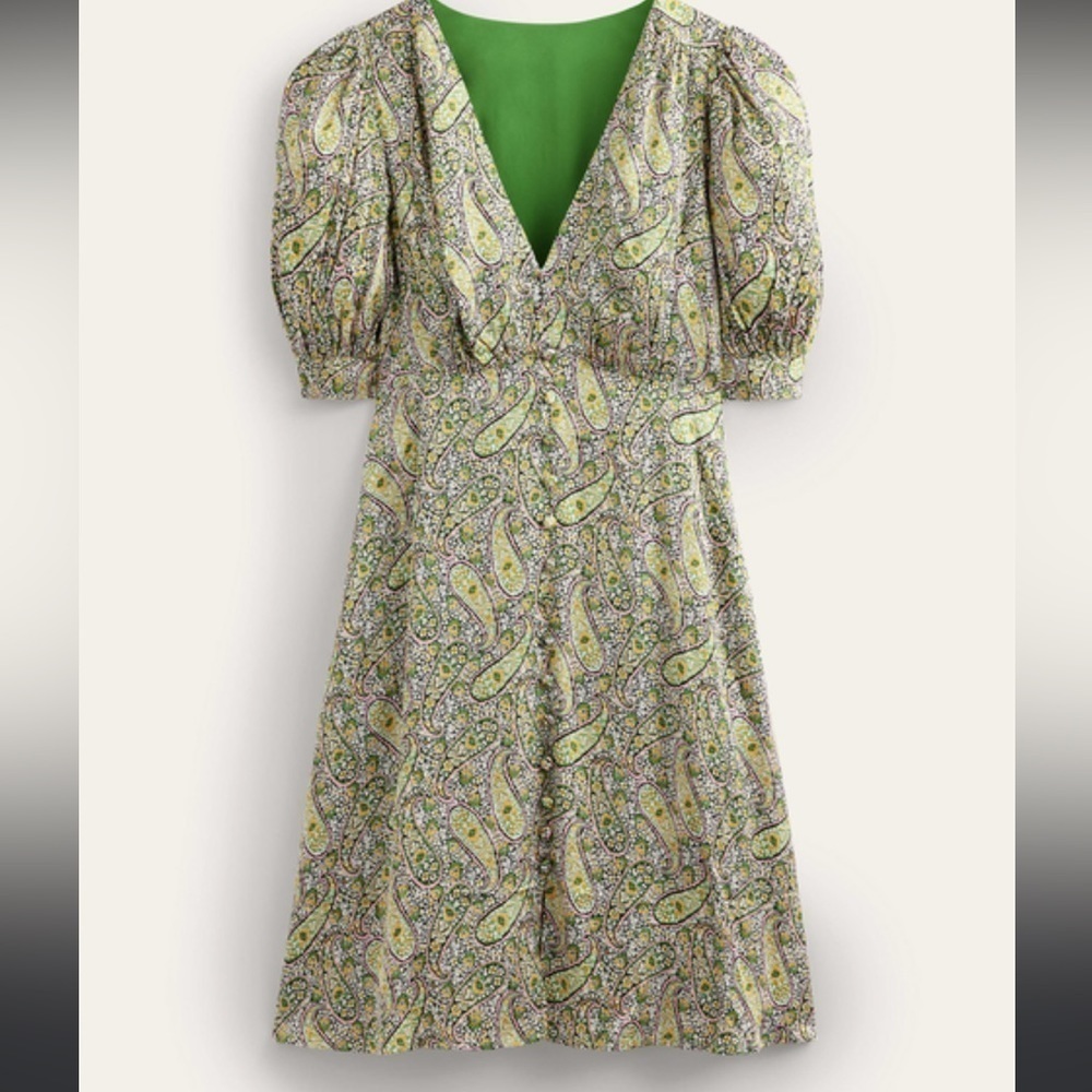 Boden Satin Tea Dress Color Block Paisley Size 2 small NWT